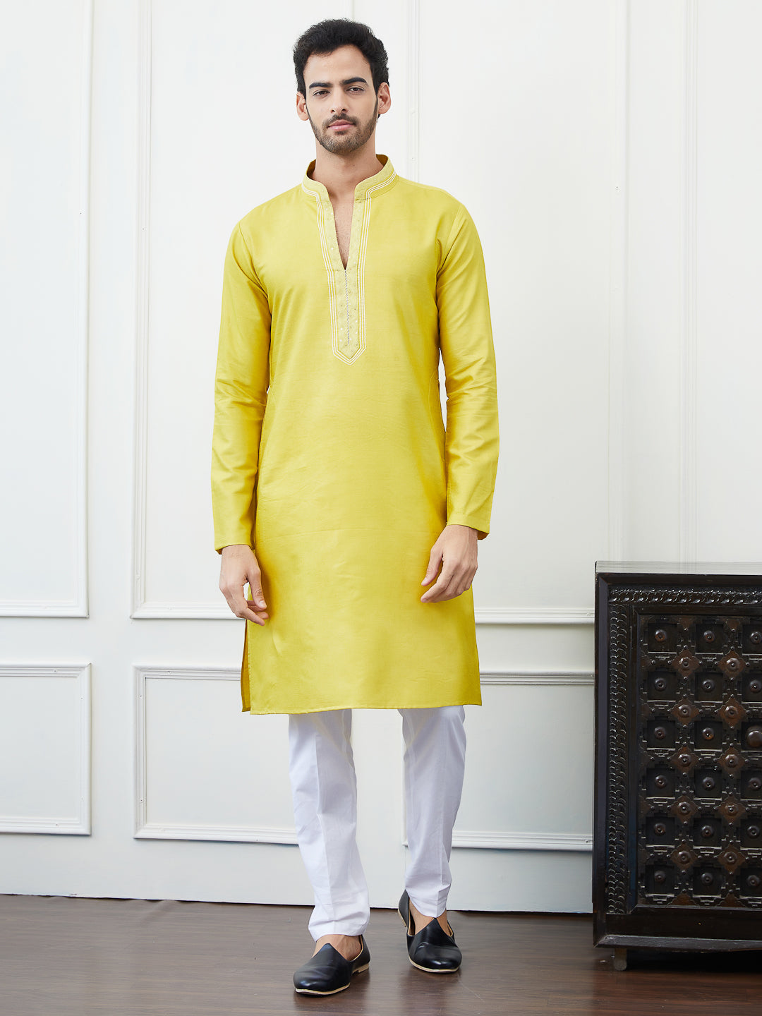 Solid Pure Cotton Straight Kurta with Embroidered Sequin and Thread worked Neck Design