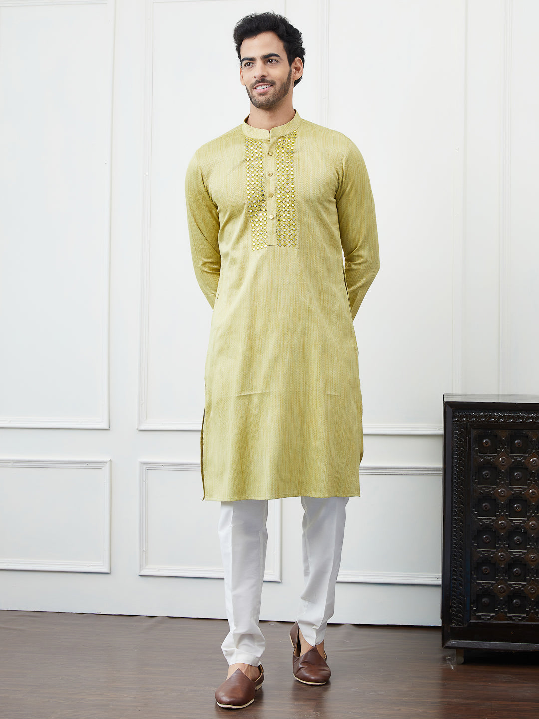 Embroidered Sequin Mirror Worked Pure Cotton Straight Kurta with Pyjama