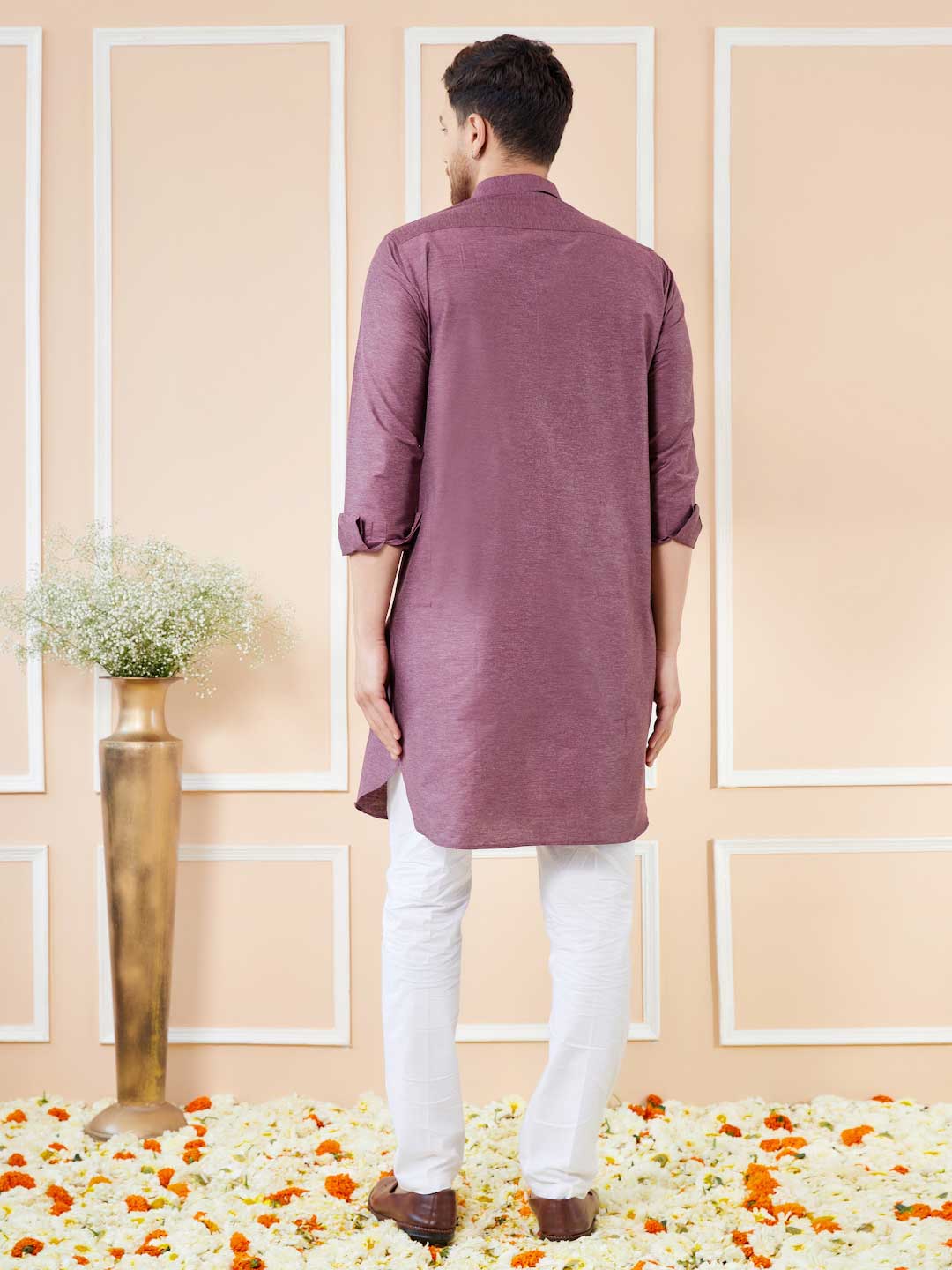 Purple Cotton Solid Pathani Kurta with Pyjama