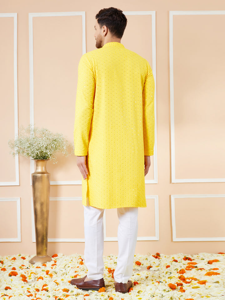 Yellow Sequins Embroidered Rayon Kurta