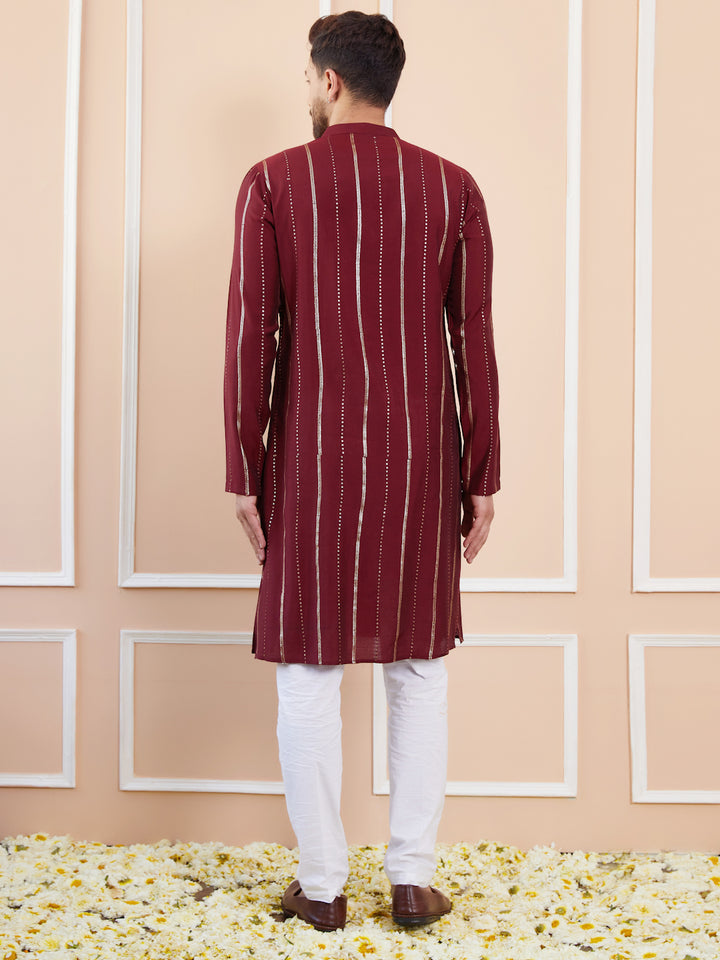 Men Maroon and Gold Sequins Embroidered Chanderi Silk Straight Kurta