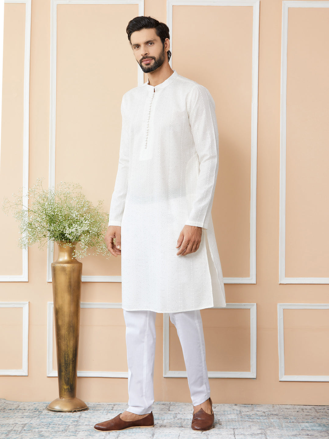 Off White Embroidered Thread Work Sequinned Chanderi Silk Straight Kurta