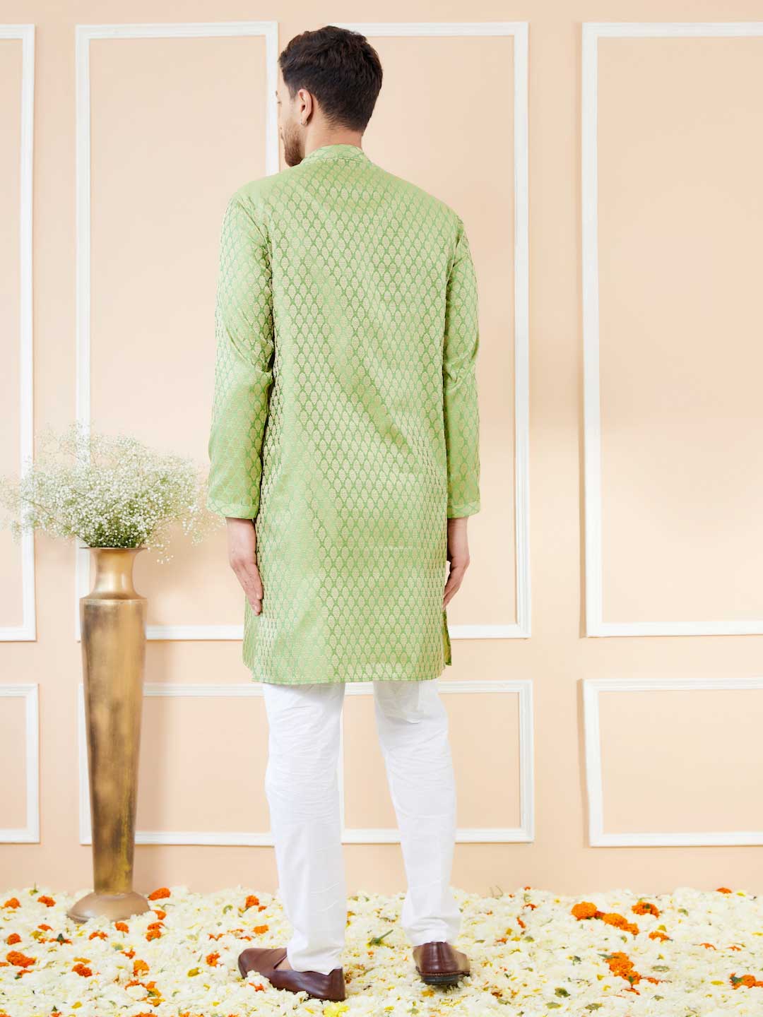 Green Ethnic Motifs Silk Jacquard Woven Design Straight Kurta