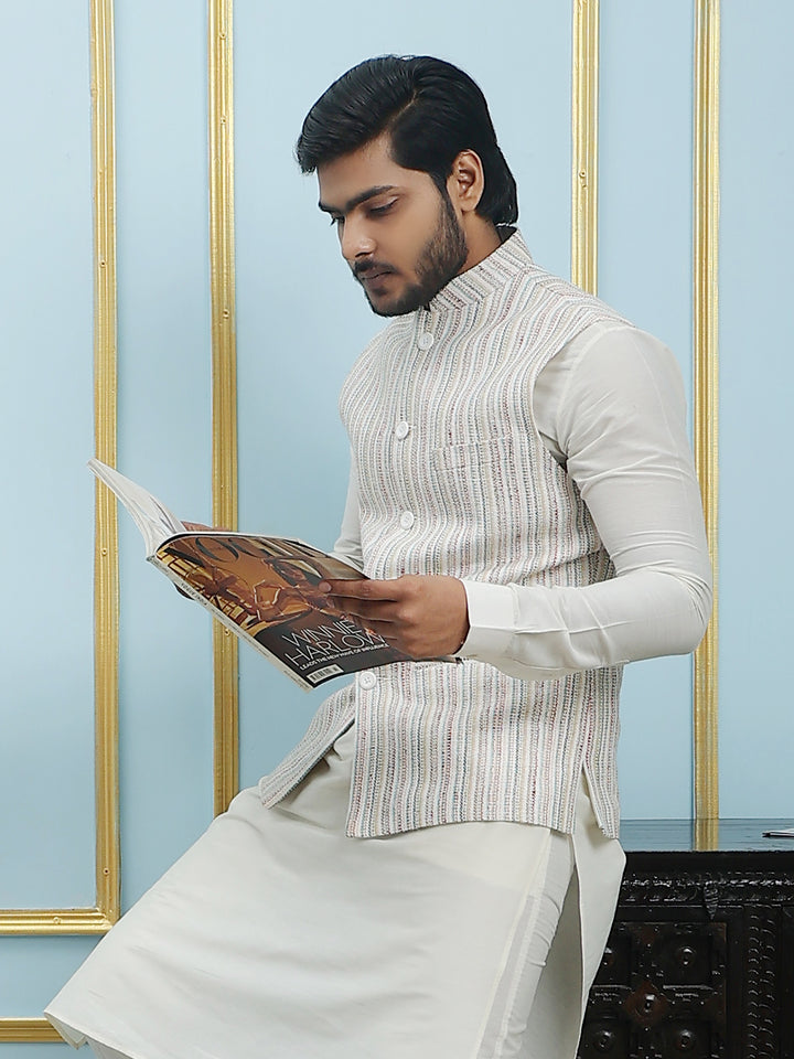 Pure Silk Straight Kurta & Pyjama Set with Handwoven Nehru Jacket