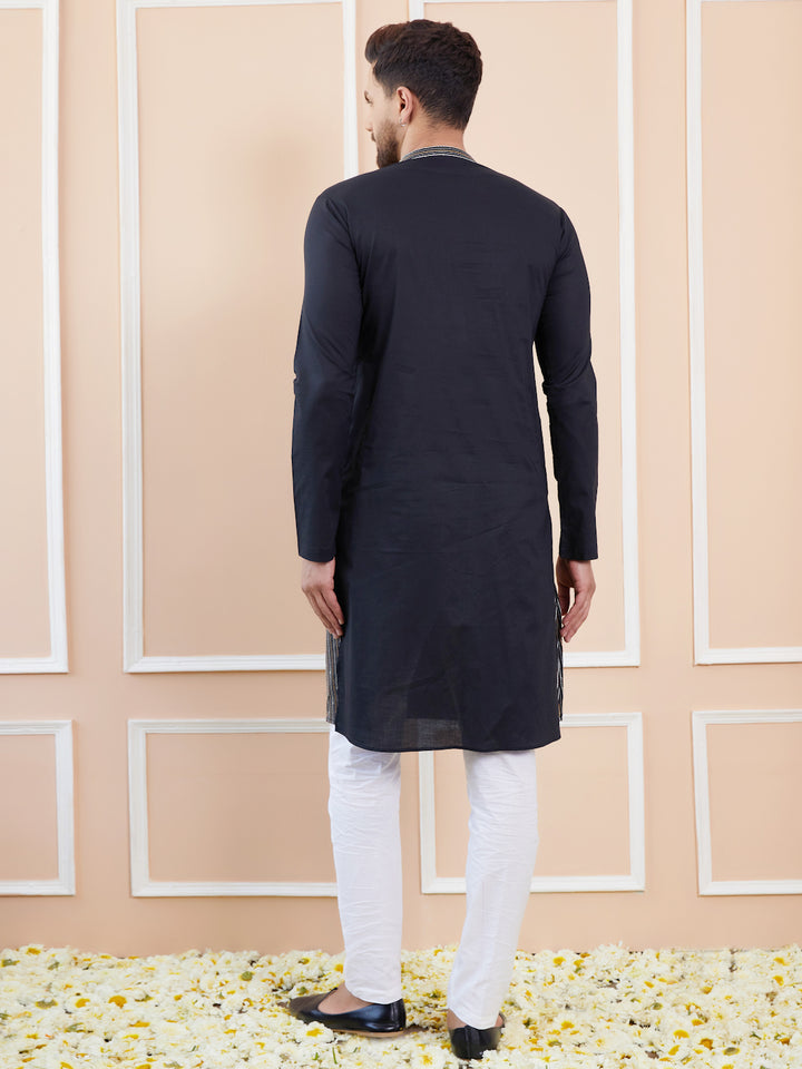 Black Sequins and Thread Worked Cotton Straight Kurta