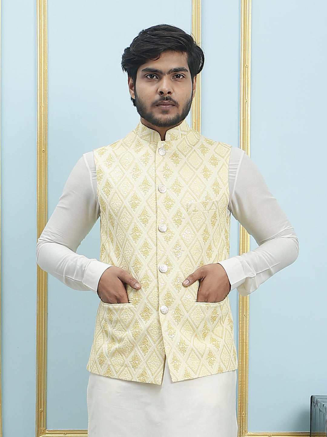 Pure Silk Kurta & Pyjama with Sequins Embroidered Nehru Jacket