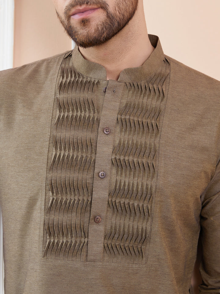 Dust Cotton Straight Kurta with Pintuck Yoke Neckline