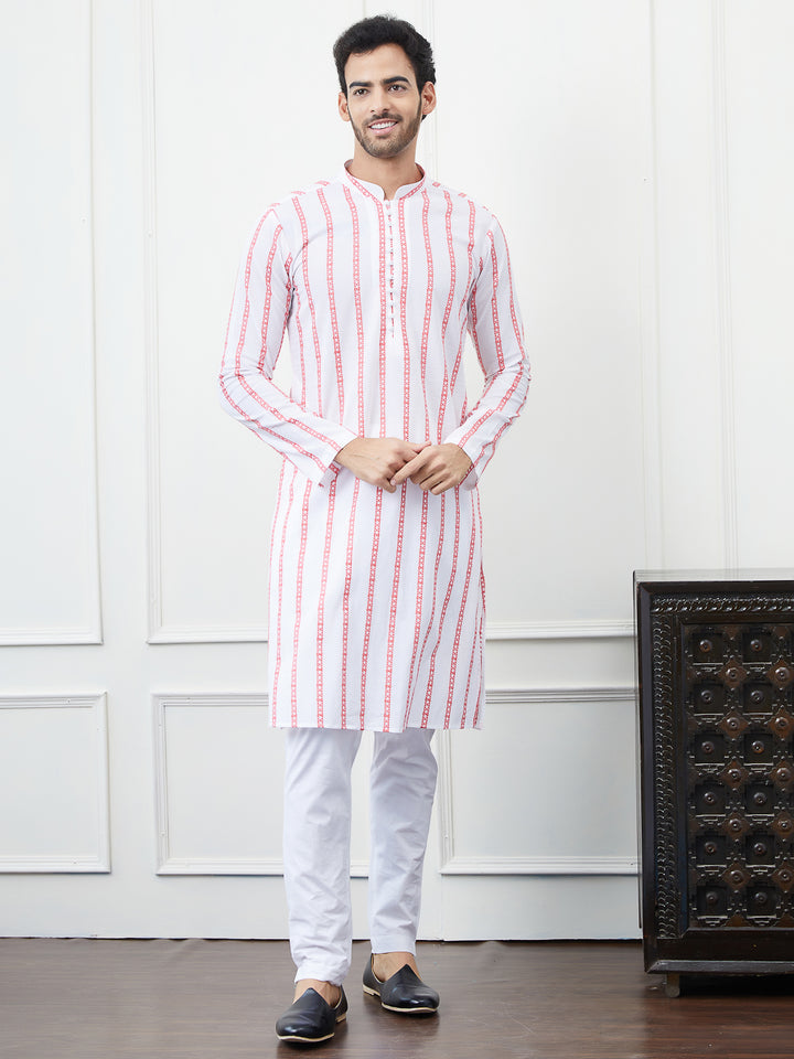 White and Pink Embroidered Cotton Straight Kurta with Pyjama