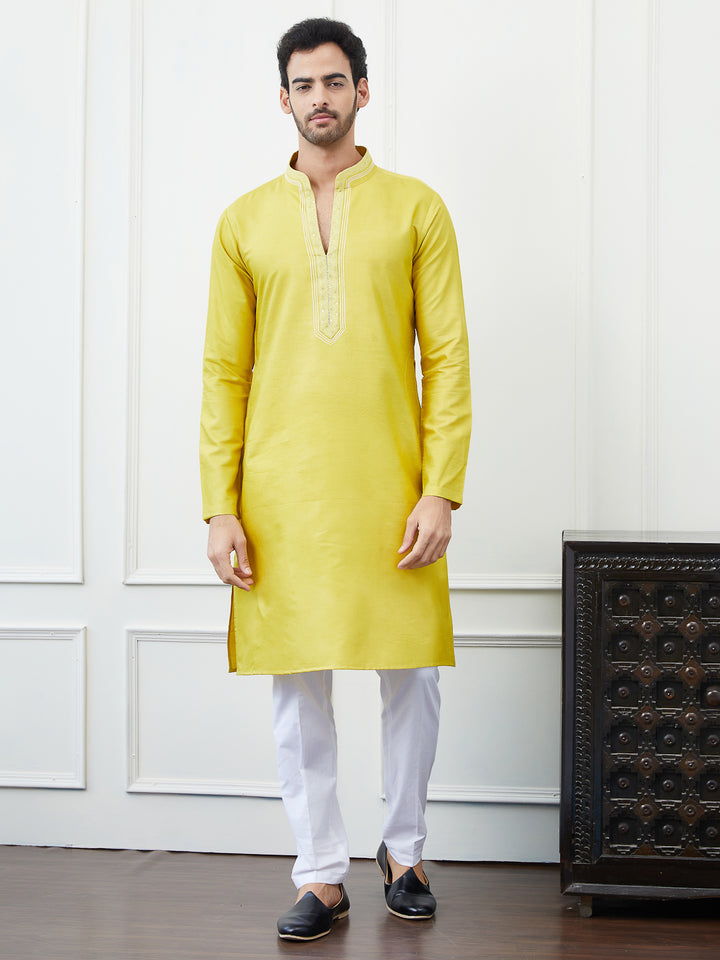 Solid Pure Cotton Straight Kurta with Embroidered Sequin and Thread worked Neck Design and Pyjama