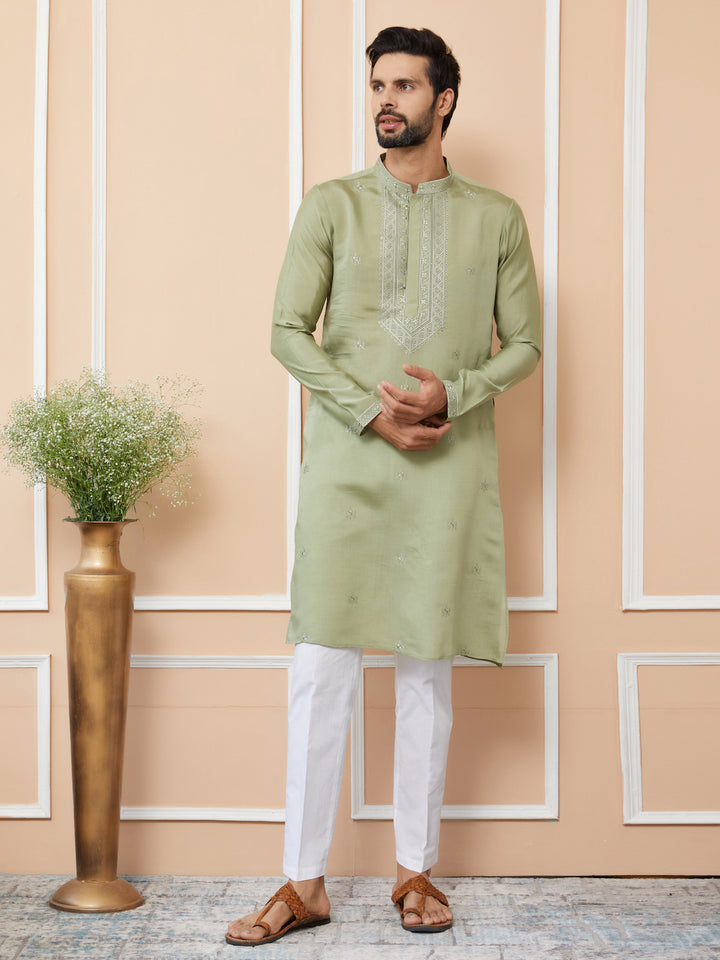 Olive Embroidered Chanderi Silk Straight Kurta with Pyjama