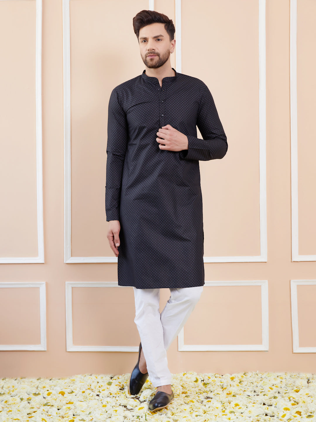 Black Printed Cotton Straight Kurta