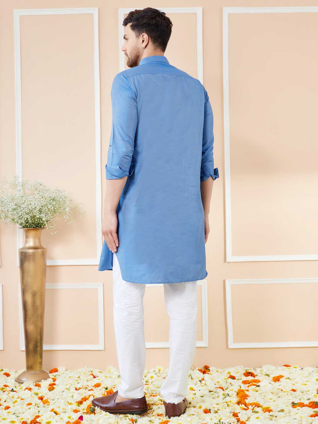 Blue Cotton Solid Pathani Kurta