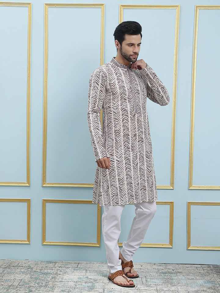 Printed Straight Cotton Silk Kurta with Embroidered Neck Design and Pyjama