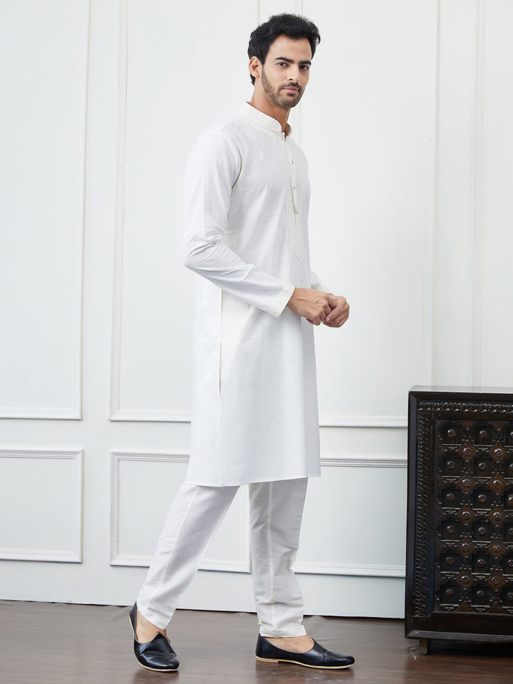 Solid Pure Cotton Straight Kurta with Embroidered Sequin Neck Design and Pyjama