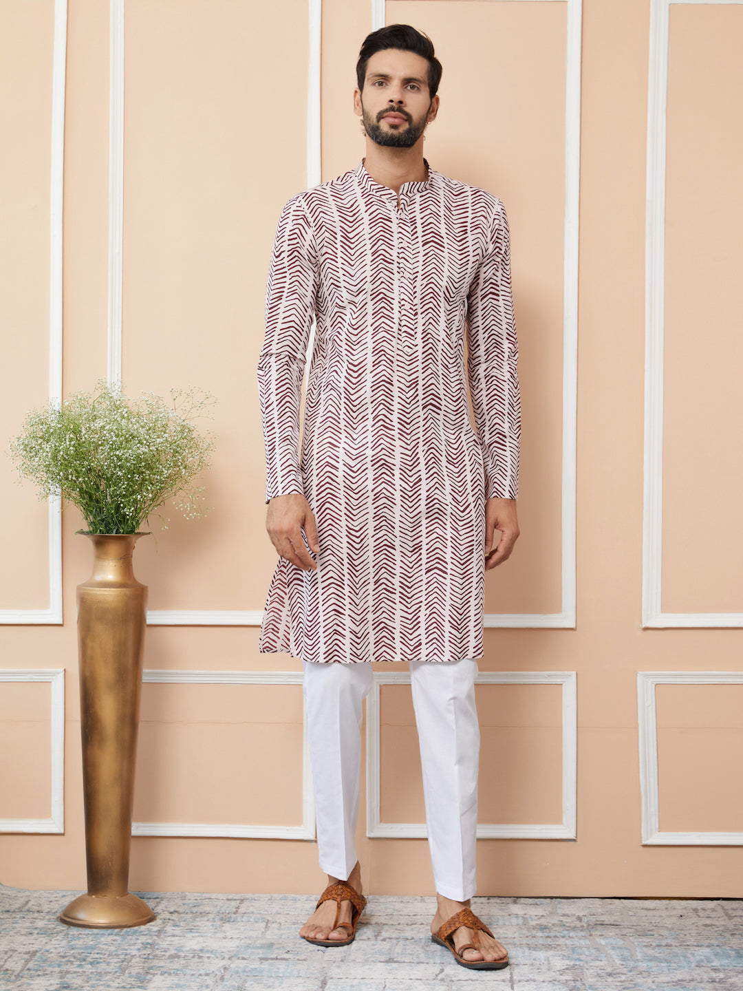 Baby Pink-Brown Printed Pure Cotton Straight Kurta with Pyjama