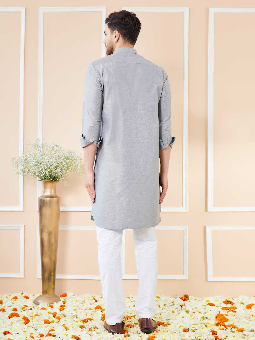 Grey Cotton Solid Pathani Kurta