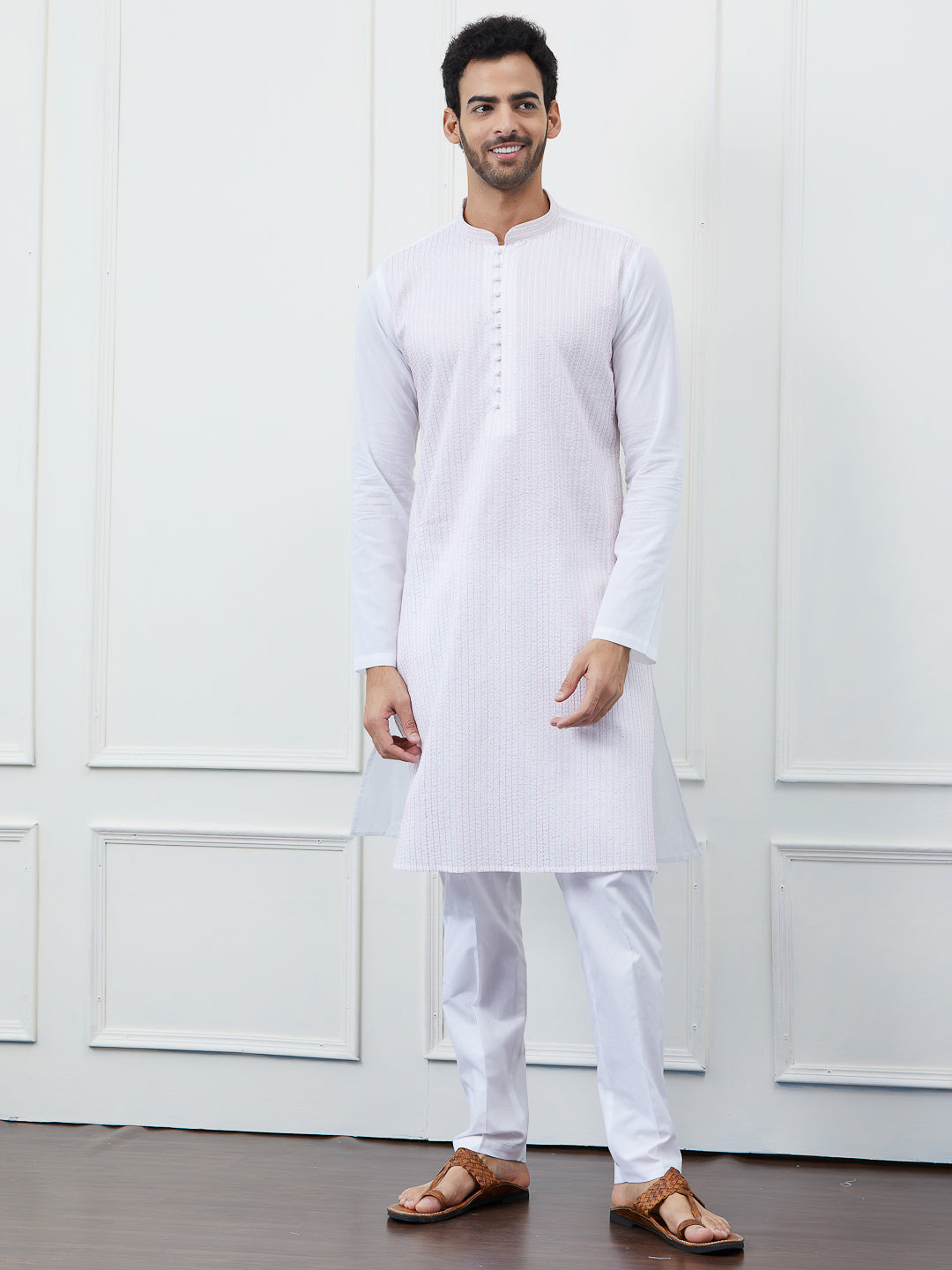 Sequin and Thread Work Pure Cotton Kurta with Pyjama