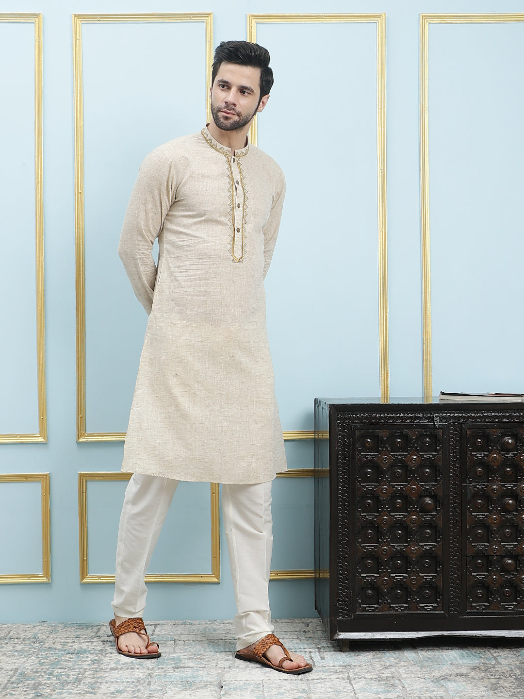 Solid Pure Cotton Straight Kurta with Embroidered Neck Design and Pyjama