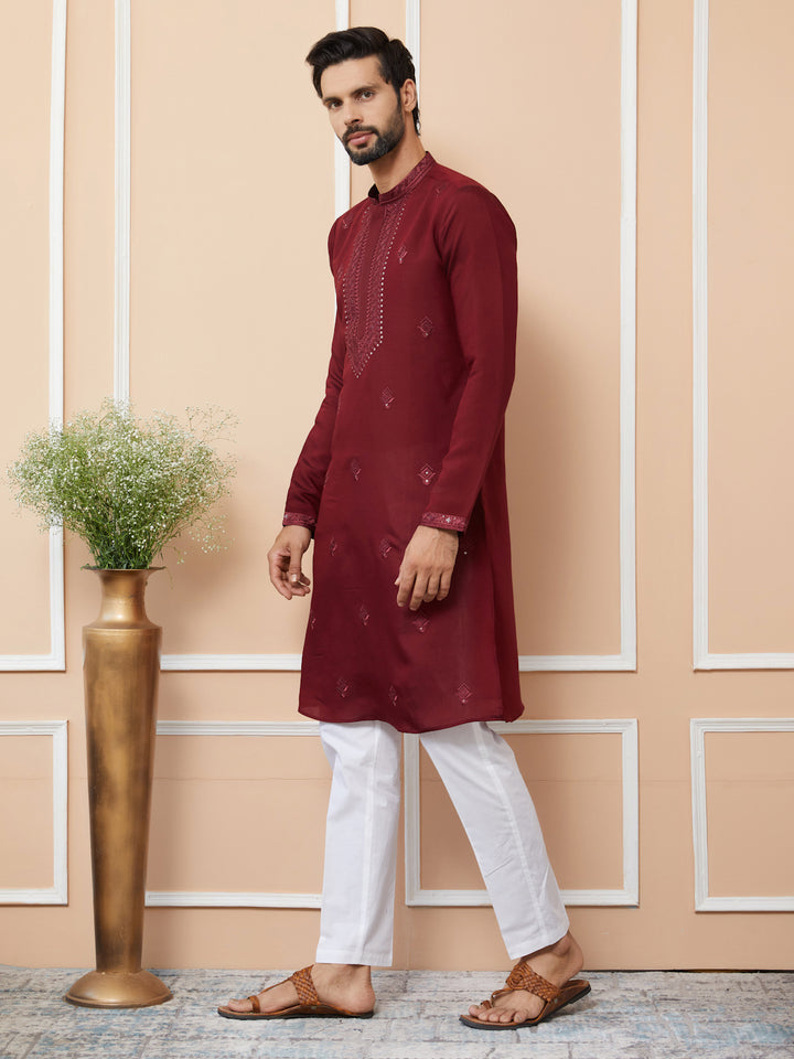 Dark Maroon Embroidered Chanderi Silk Straight Kurta