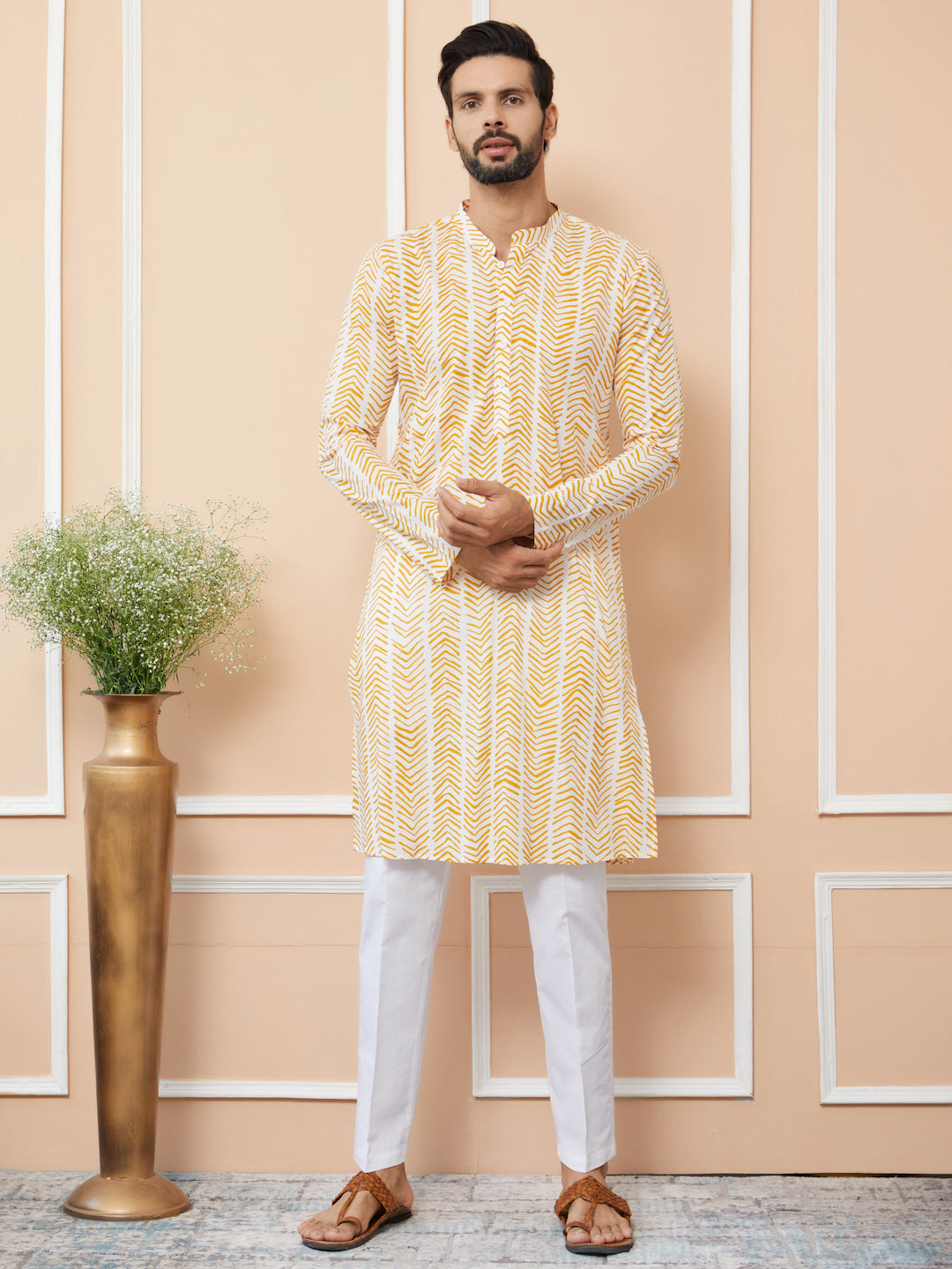 White-Yellow Printed Pure Cotton Straight Kurta with Pyjama