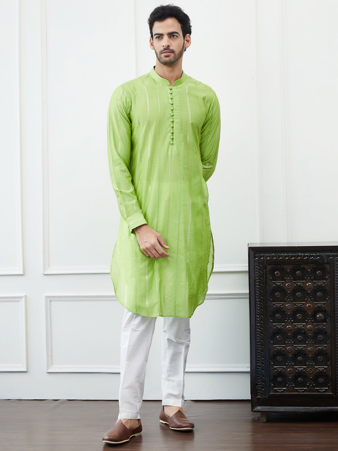 Sequins Embroidered Chanderi Silk Straight Kurta with Pyjama