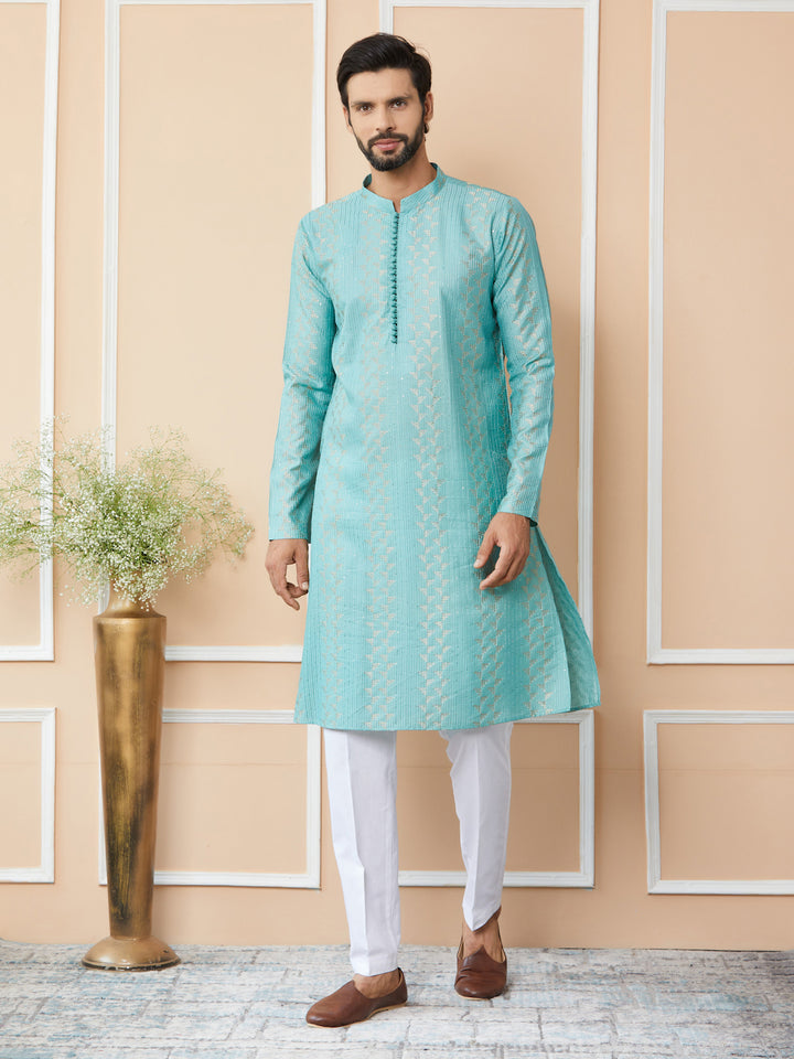 Ice Green Embroidered Thread Work Sequinned Chanderi Silk Straight Kurta with Pyjama