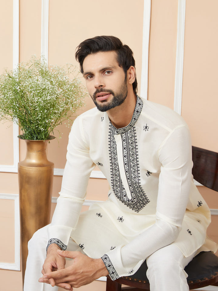 Cream Embroidered Chanderi Silk Straight Kurta with Pyjama