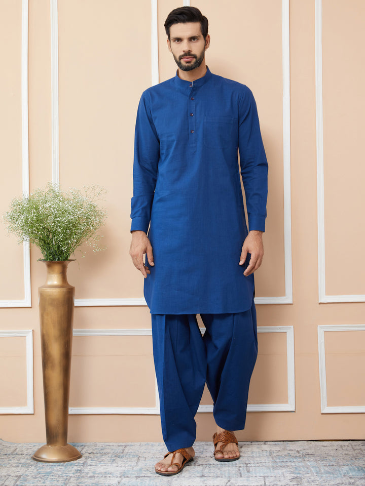 Navy Cotton Slub Pathani kurta with Salwar