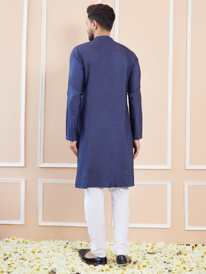 Blue Cotton Solid Straight Kurta with Embroidered Neckline