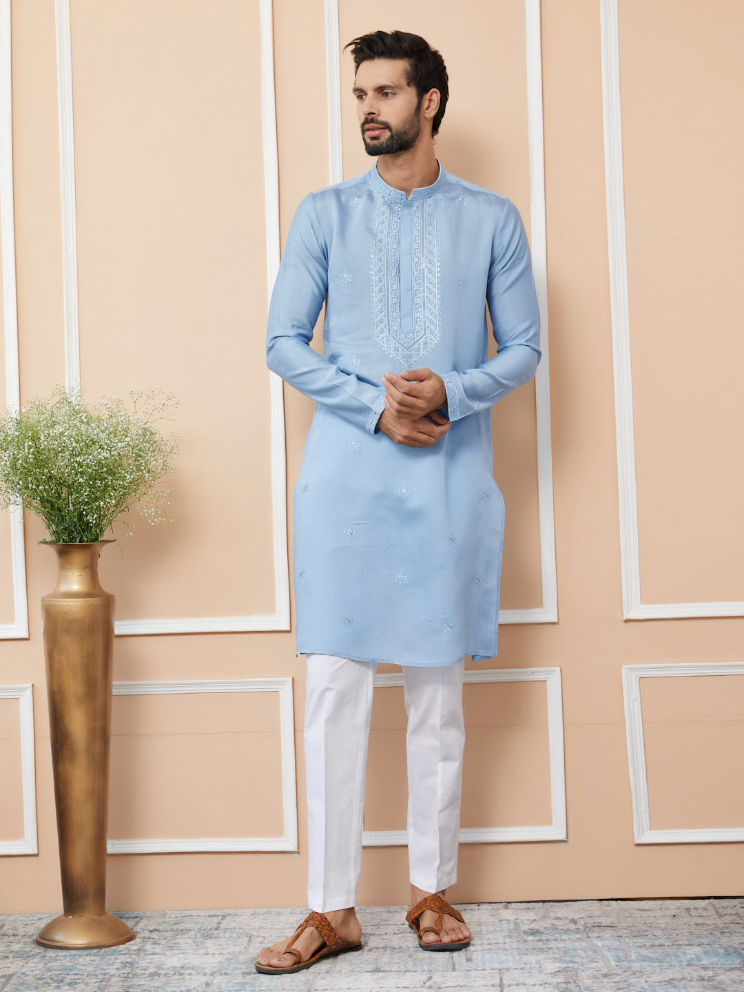 Light Blue Embroidered Chanderi Silk Straight Kurta with Pyjama