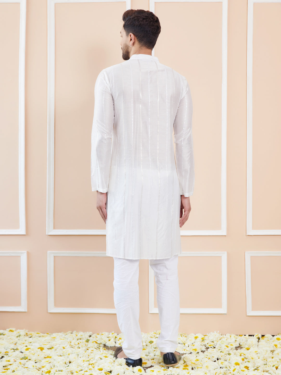 White Sequins Embroidered Pure Chanderi Silk Straight Kurta with Pyjama