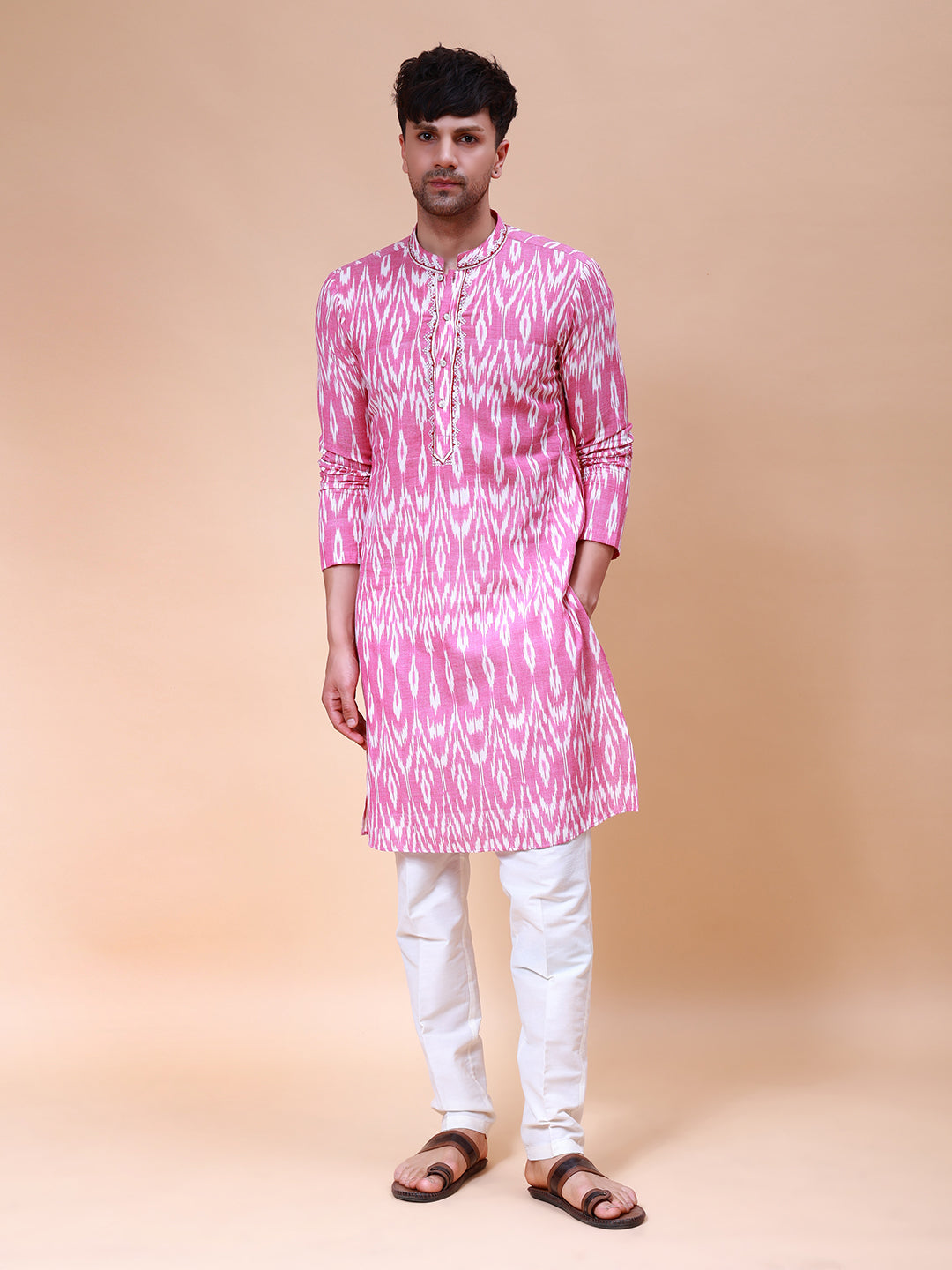 Printed Ikat Pure Cotton Straight Kurta with Embroidered Neck Design