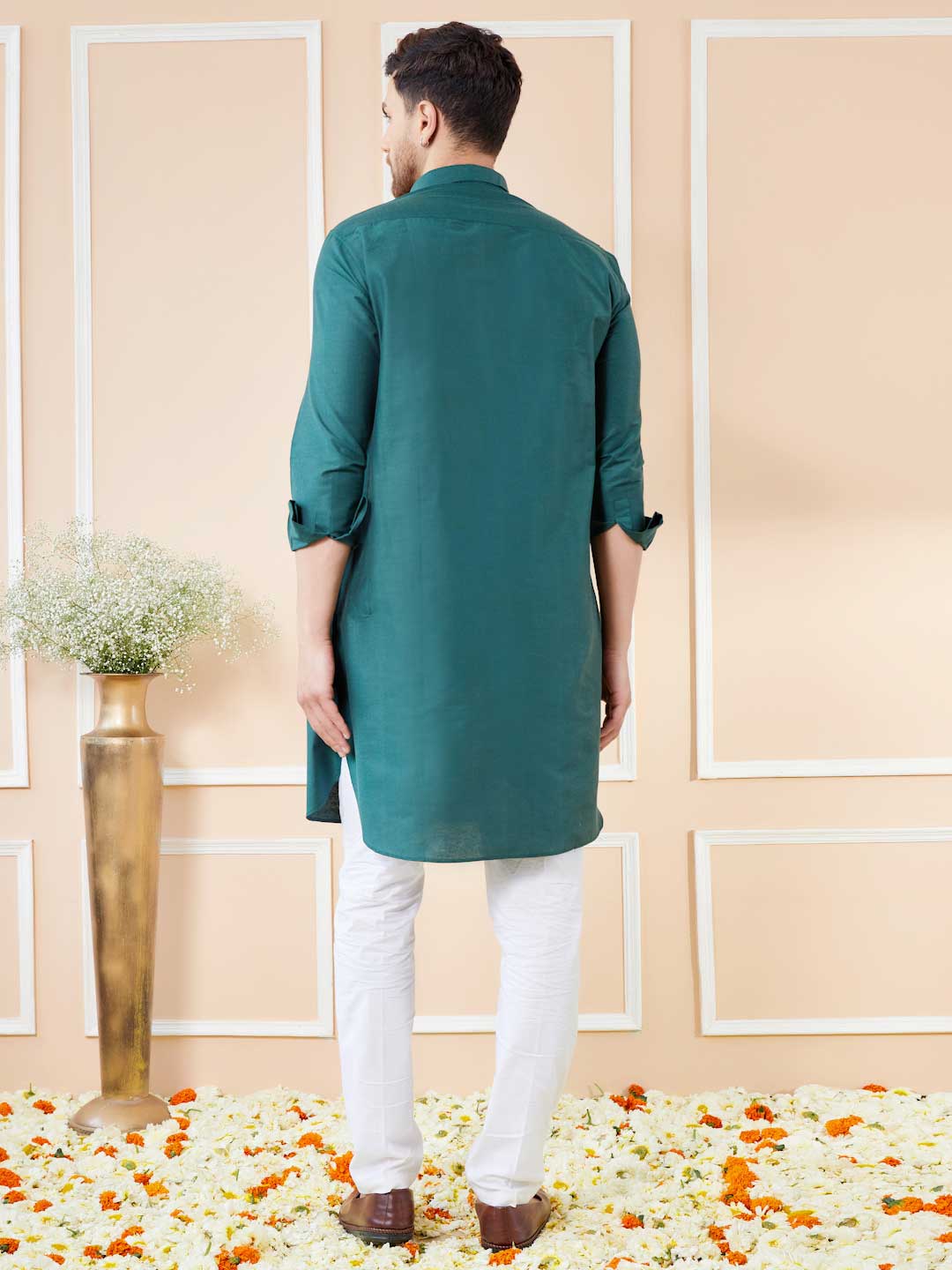 Green Cotton Solid Pathani Kurta