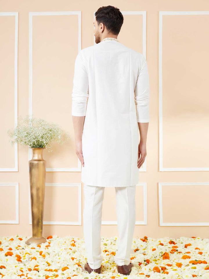 Cream Solid Cotton Straight Kurta with Emboridered neckline