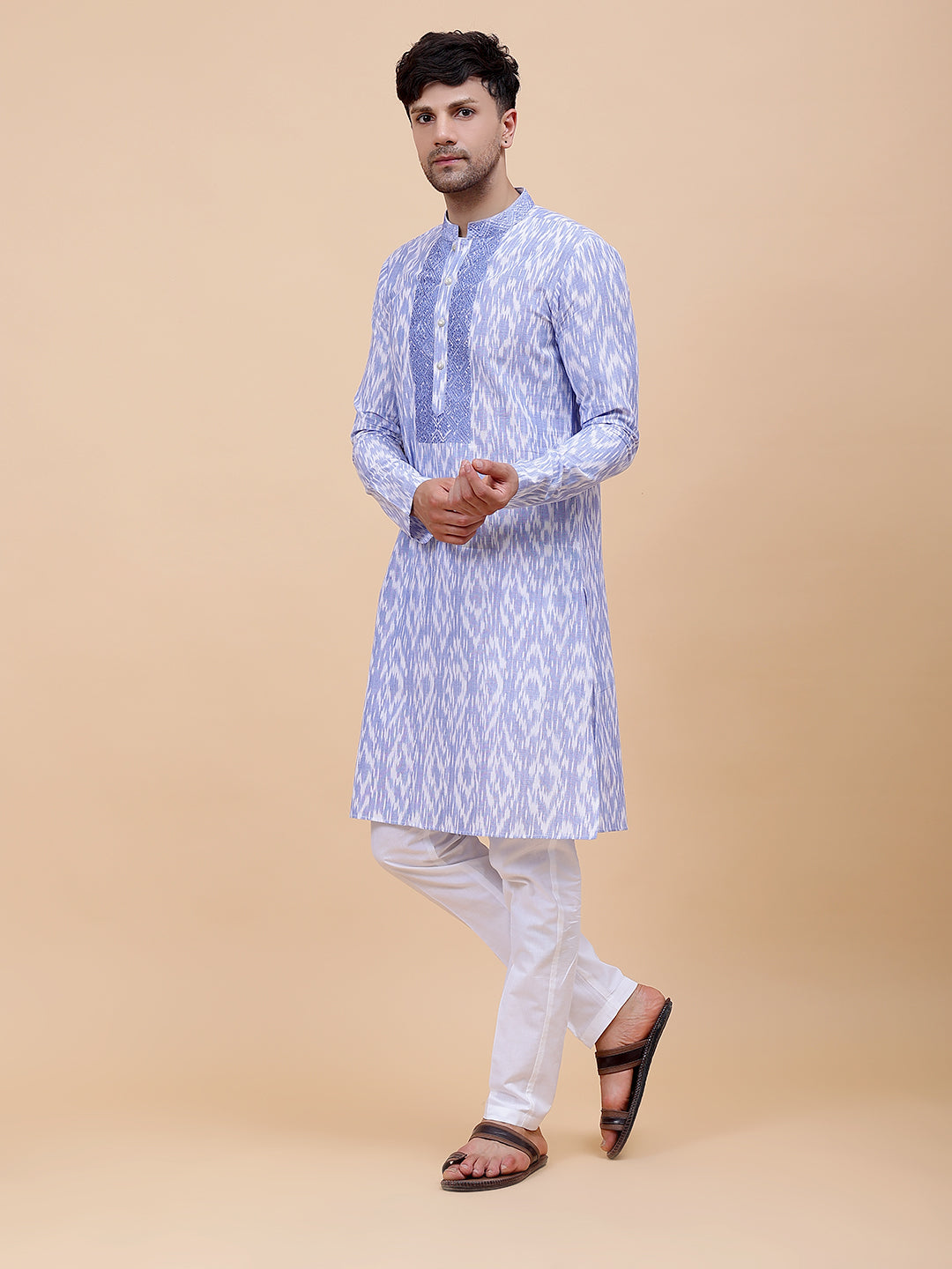 Printed Ikat Pure Cotton Straight Kurta with Embroidered Neck Design and Pyjama