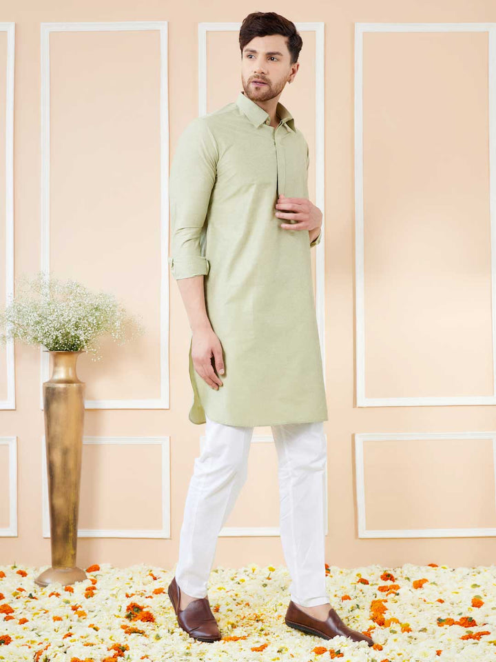 Green Cotton Solid Pathani Kurta