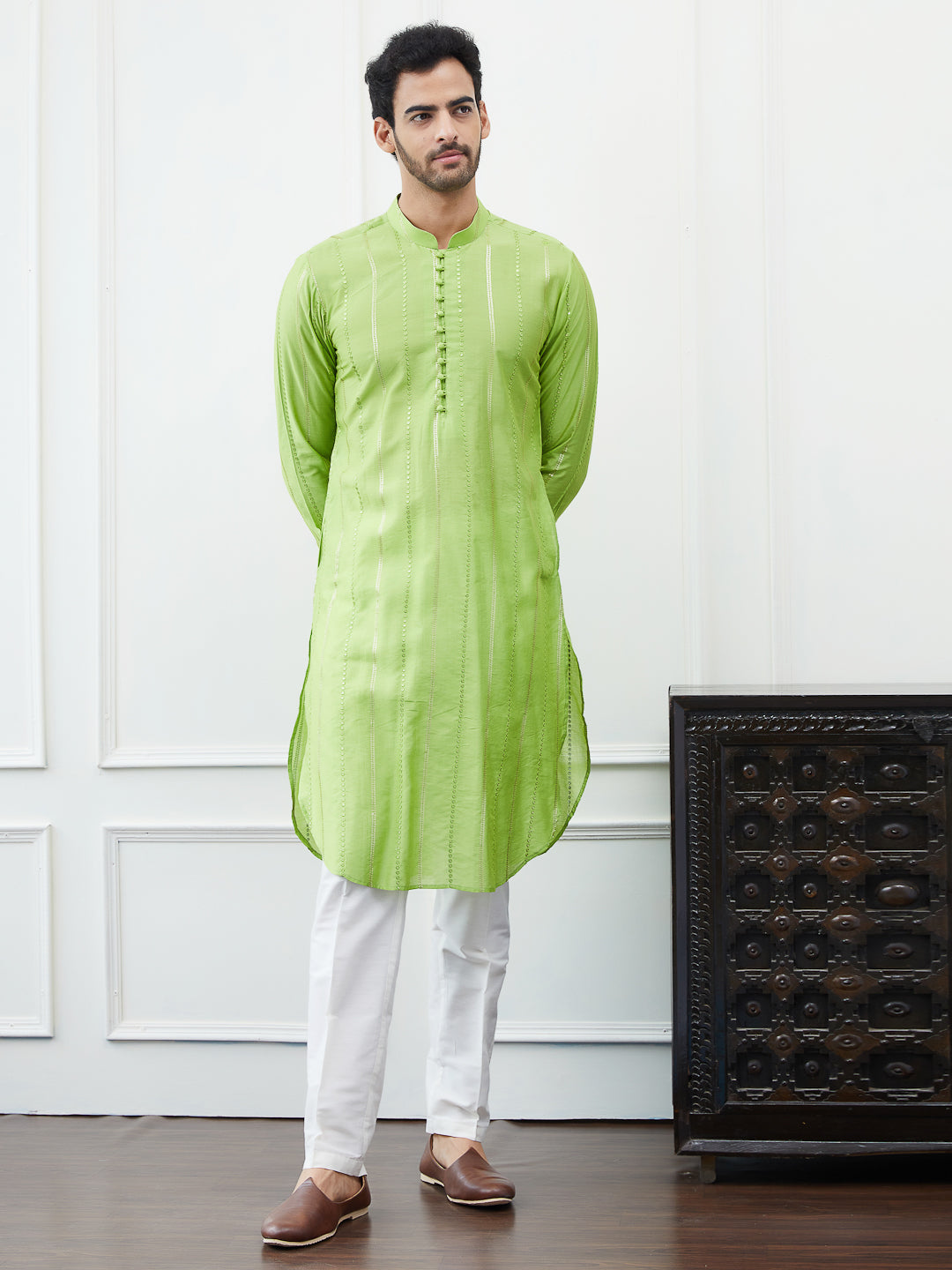 Sequins Embroidered Chanderi Silk Straight Kurta with Pyjama