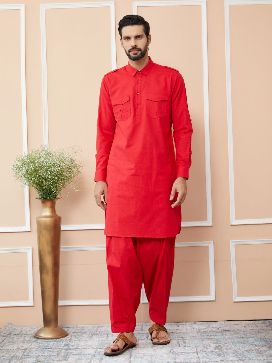 Red Cotton Slub Pathani kurta with Salwar