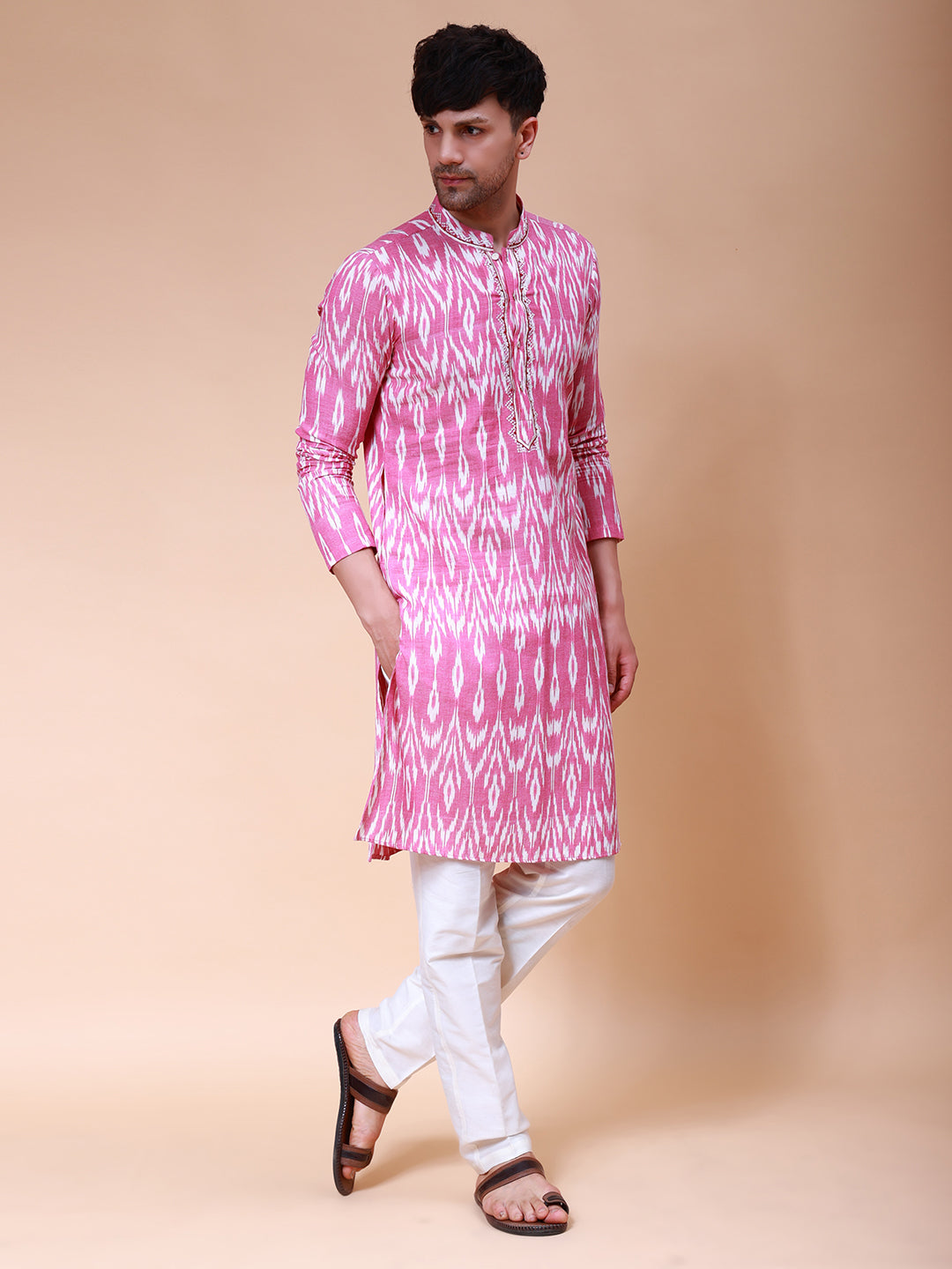 Printed Ikat Pure Cotton Straight Kurta with Embroidered Neck Design and Pyjama