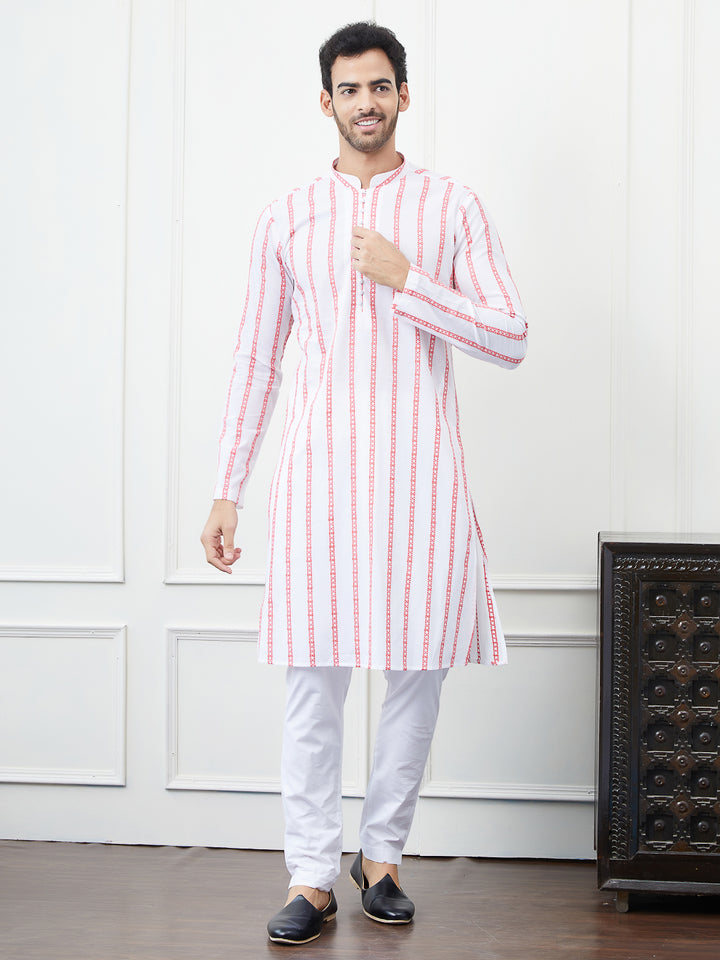 White and Pink Embroidered Cotton Straight Kurta with Pyjama