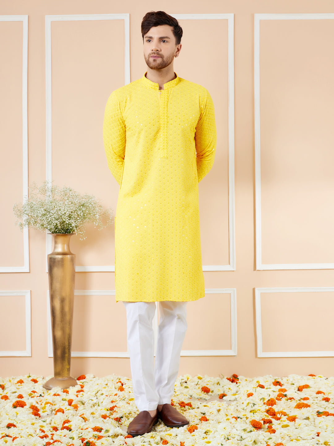 Yellow Sequins Embroidered Rayon Kurta