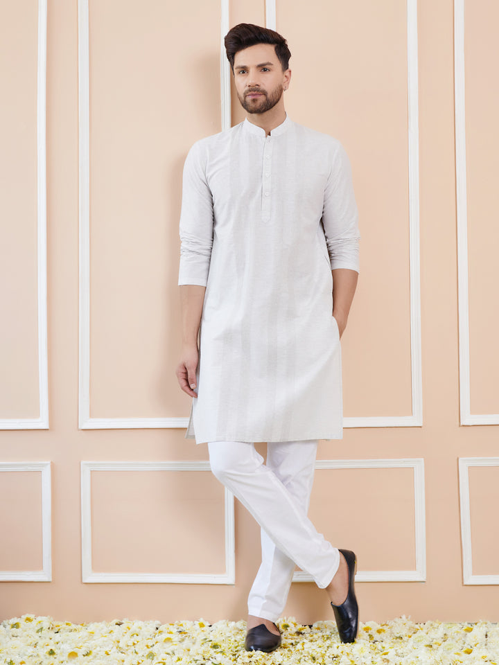 Men Off White Pintex Worked Cotton Silk Straight Kurta With Pyjama