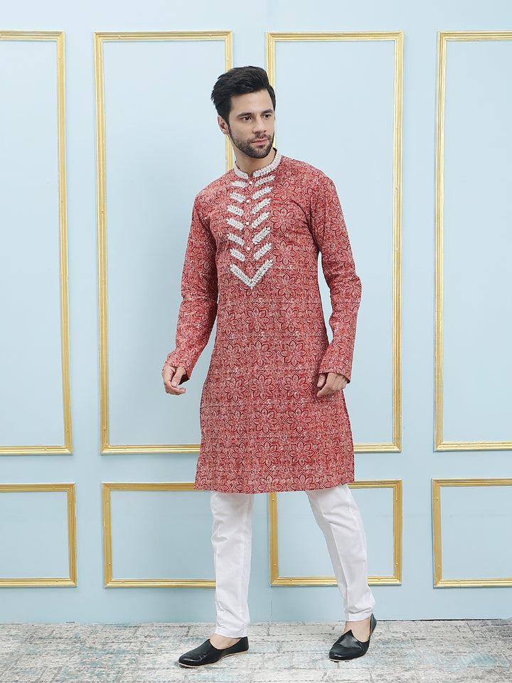 Printed Pure Cotton Straight Kurta with Embroidered Neck Design and Pyjama