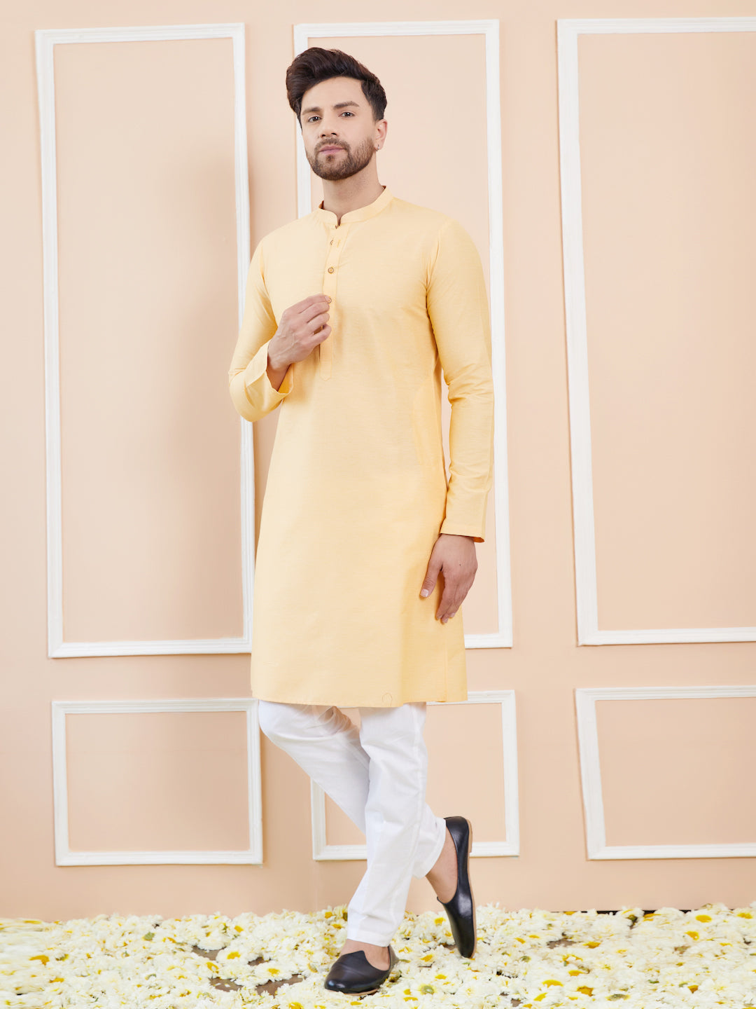 Beige Cotton Solid Straight Kurta with Pyjama