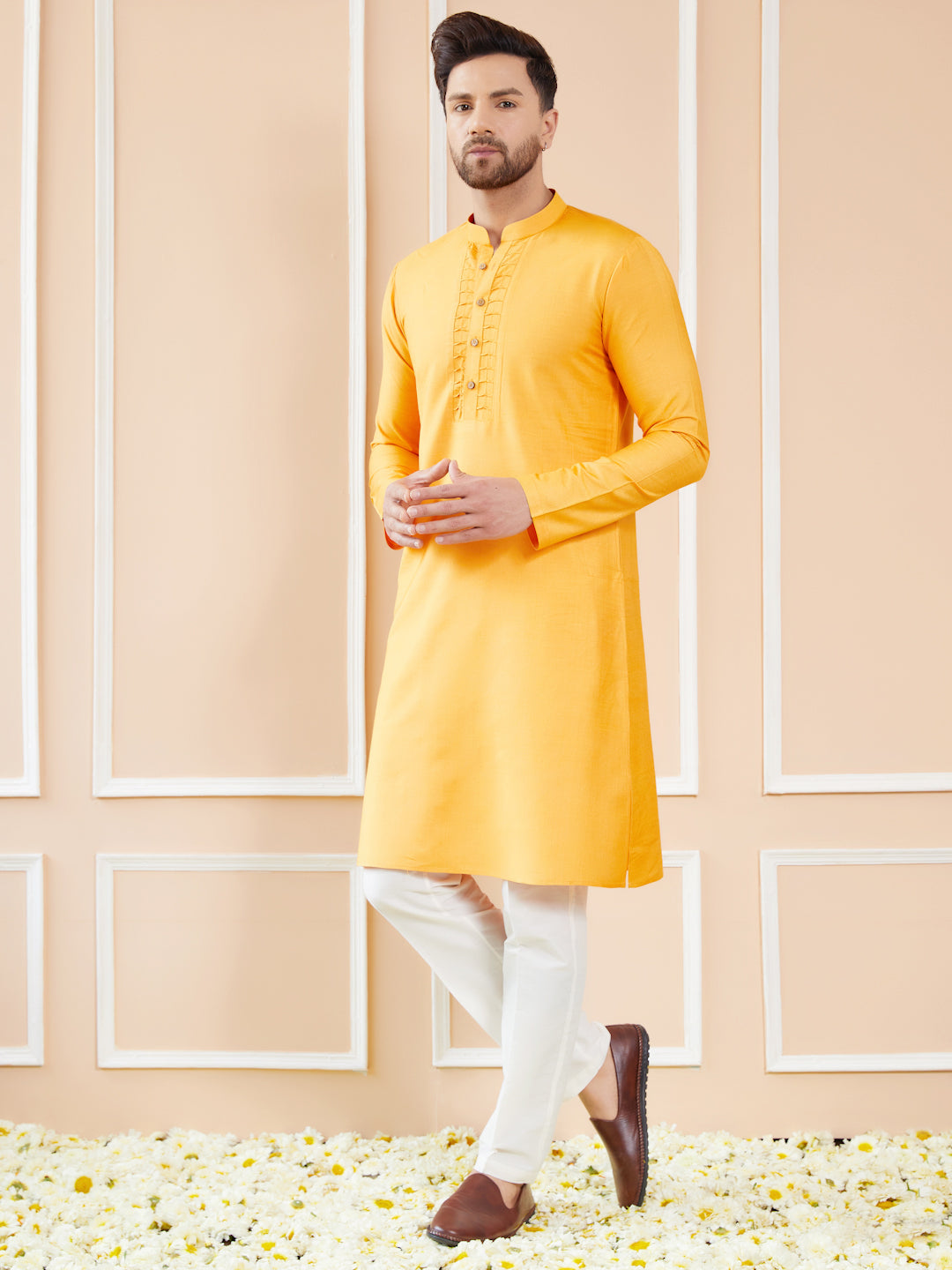 Mustard Raw Silk Straight Kurta with Pintuck Neckline and Pyjama