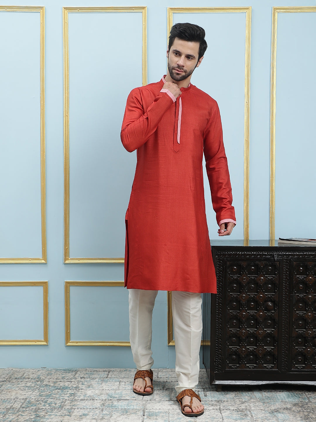 Solid Cotton Silk Straight Kurta with Pyjama