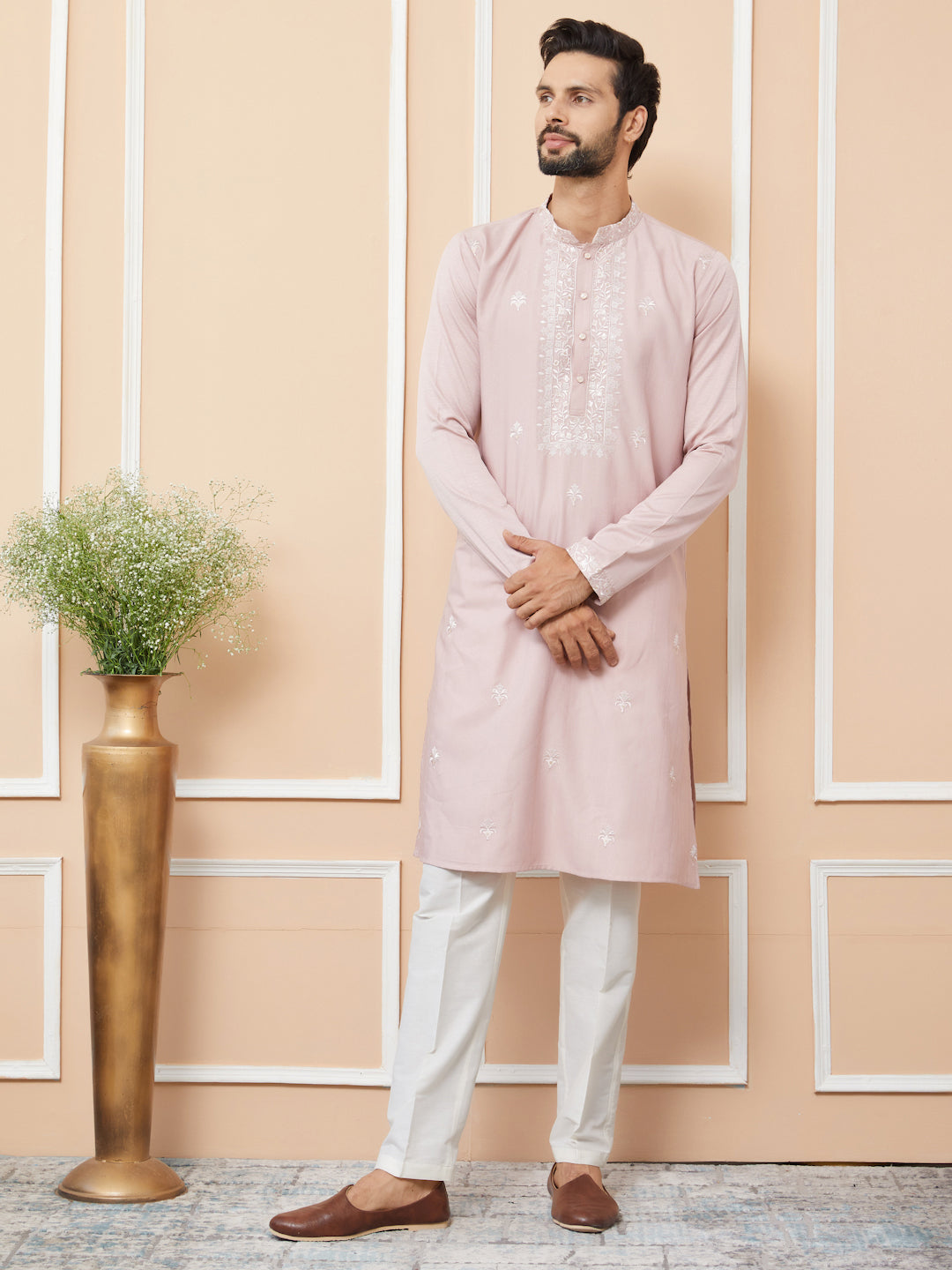 Peach Embroidered Zara Silk Straight Kurta