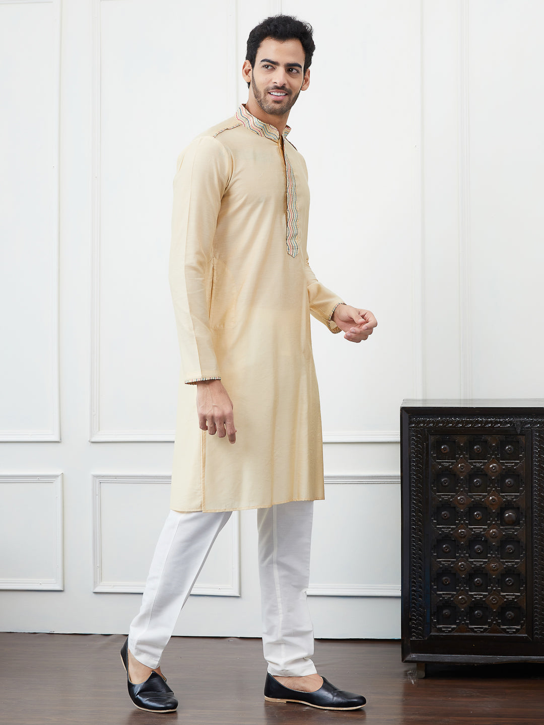 Solid Pure Cotton Straight Kurta with Embroidered Flacked and Pyjama