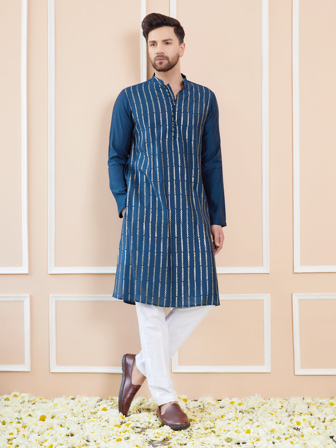 Men Blue and Gold Sequins Embroidered Chanderi Silk Straight Kurta With Pyjama