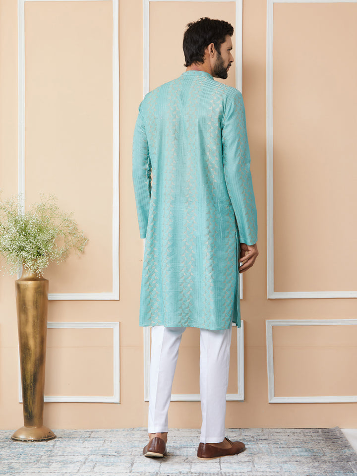 Ice Green Embroidered Thread Work Sequinned Chanderi Silk Straight Kurta with Pyjama